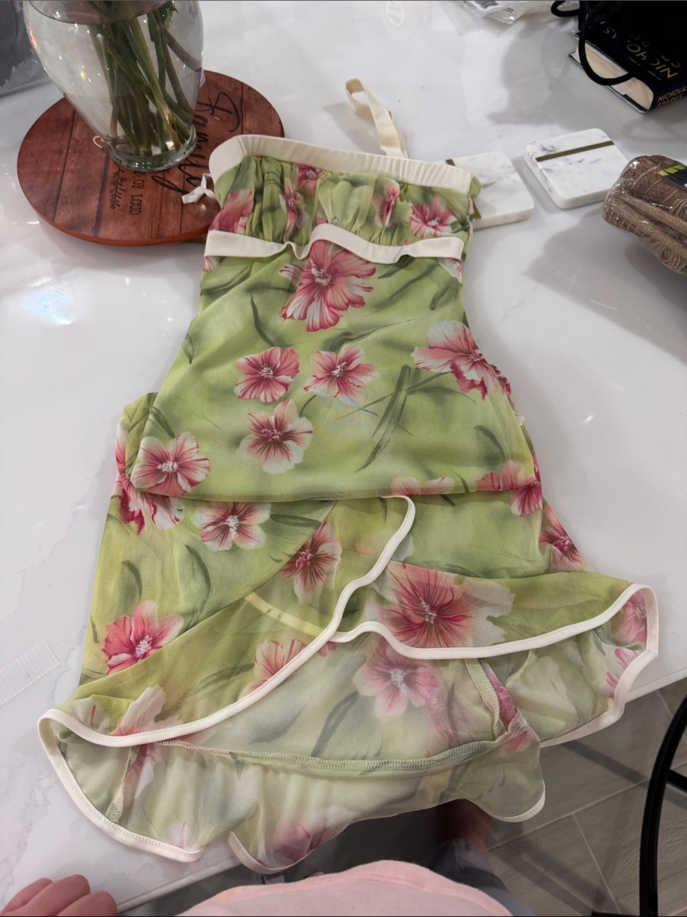 Green Floral Ruffle Sundress with Pink Flowers
